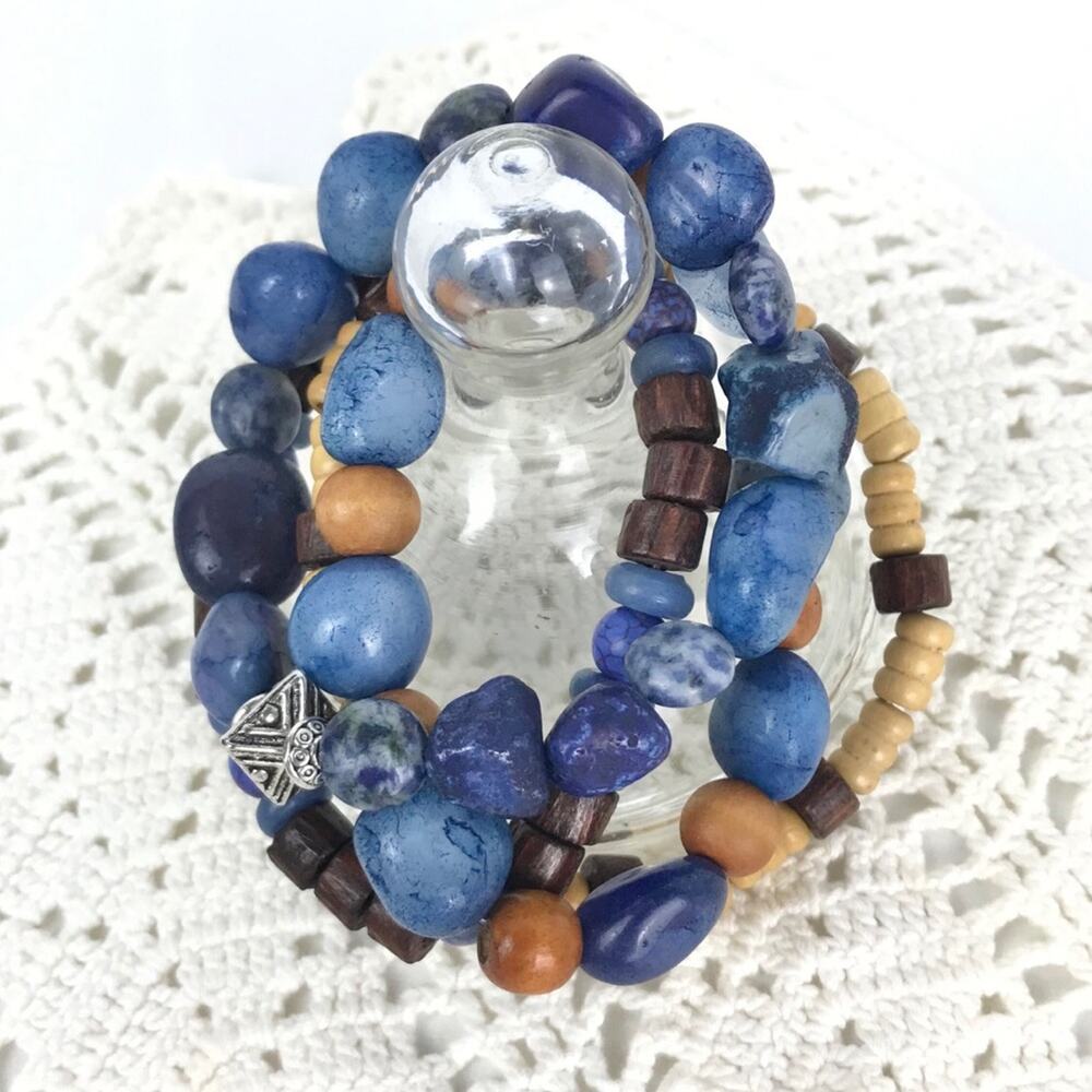 Natural Stone Wood Meditation Reiki Bracelets Blue